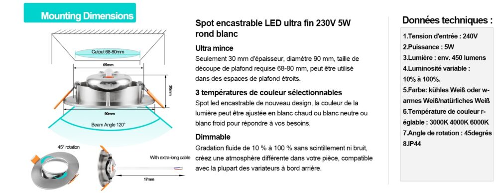 Spot LED Encastrable Intensité Variable 5W 230V IP45 68mm Rotation à 45° Spot Salle De Bain, Salon, Cuisine, Lot de 6 [Classe Energétique F]