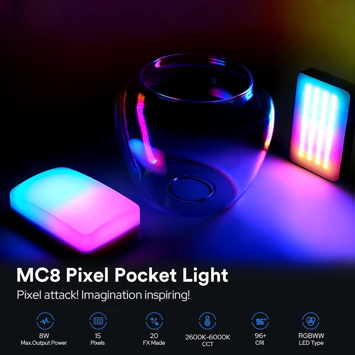Lampe vidéo portable│ SOONWELL │MC8 Pixel Pocket RGB│Magnétique │effets sonores