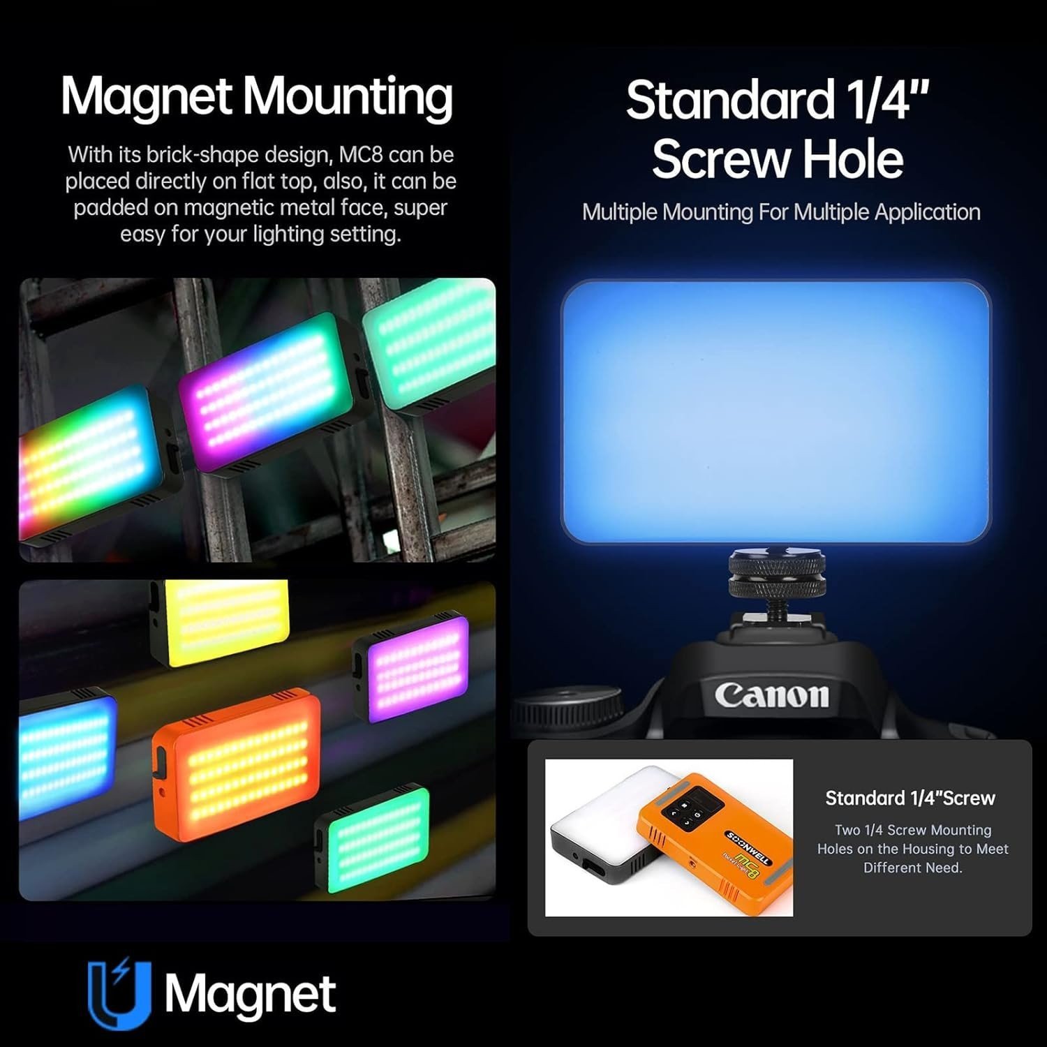 Lampe vidéo portable│ SOONWELL │MC8 Pixel Pocket RGB│Magnétique │effets sonores