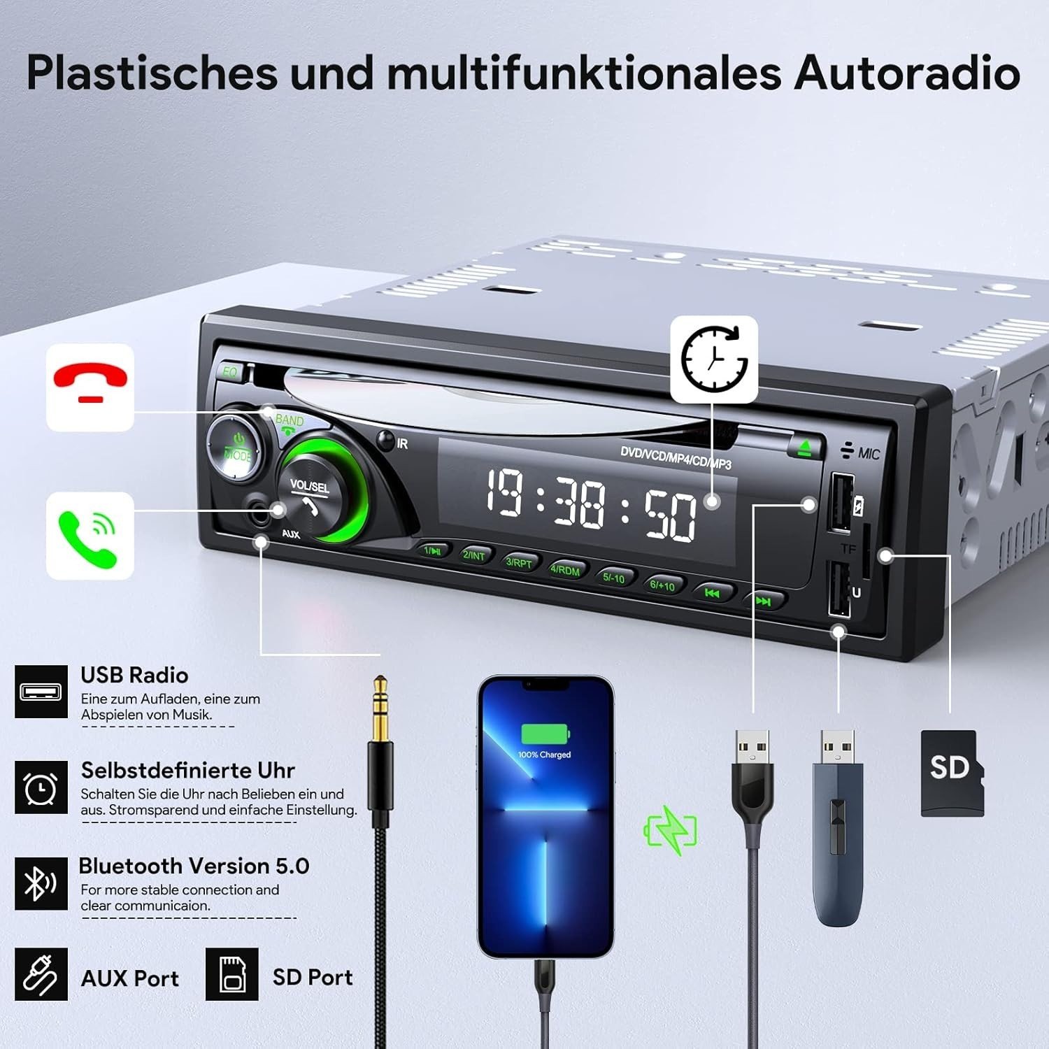 Autoradio de voiture│Chismos│MP3 Bluetooth │FM/AM │USB │SD │AUX │Affichage LED