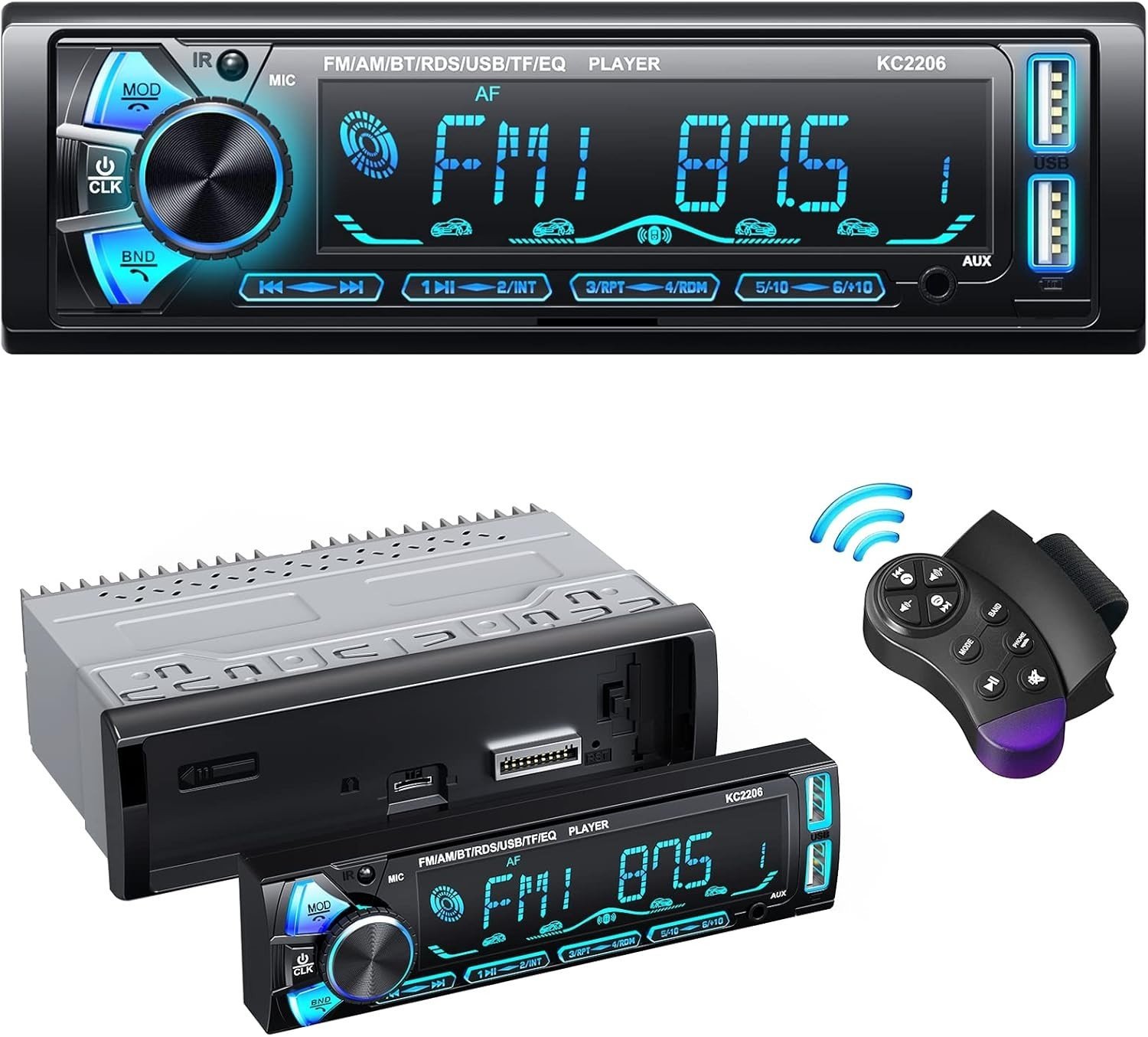 Autoradio Bluetooth 1 DIN Wistrue Façade Amovible RDS FM AM USB EQ 7 Couleurs